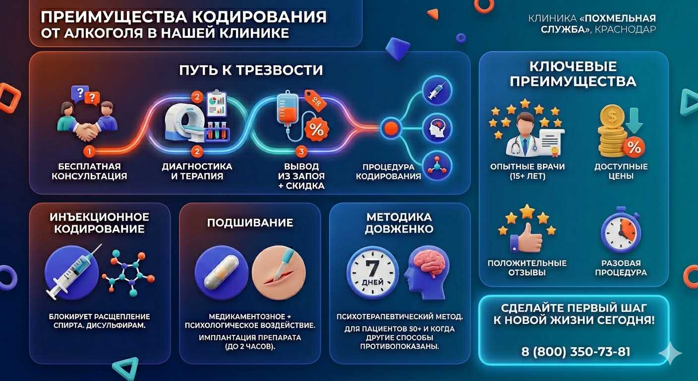 Инфографика о методах кодирования от алкоголя в Воргашоре: инъекции, подшивание, метод Довженко. Преимущества клиники и этапы лечения.